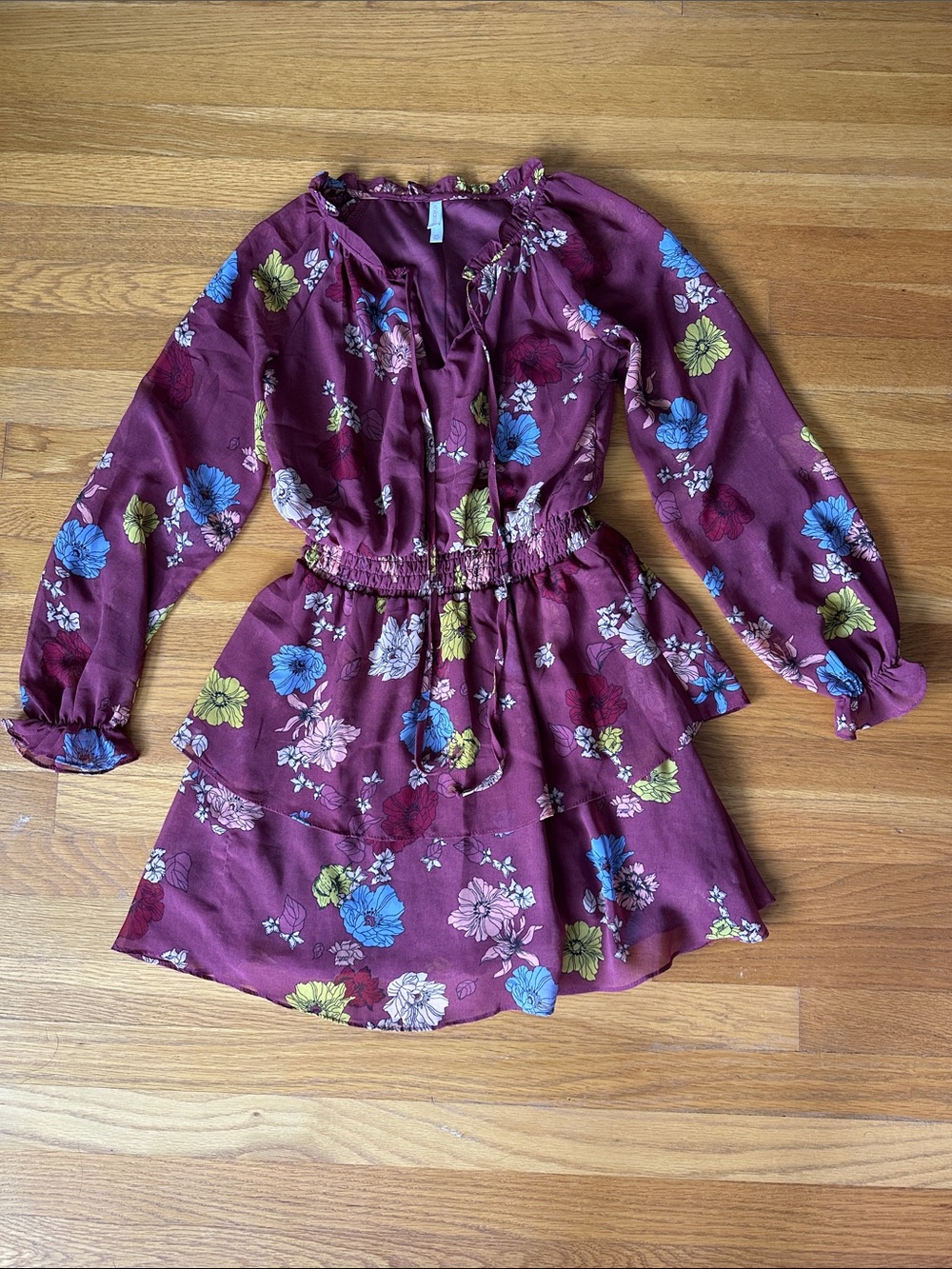 Xhilaration Burgundy Floral Long-Sleeve Casual Dress